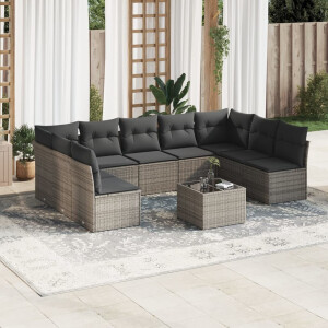 vidaXL 10-delige Loungeset met kussens poly rattan grijs