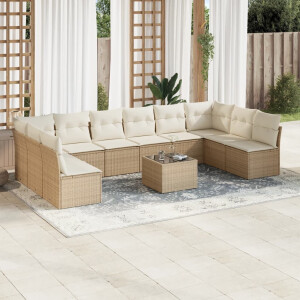 vidaXL 11-delige Tuinset met kussens poly rattan beige