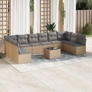 vidaXL 11-delige Tuinset met kussens poly rattan beige