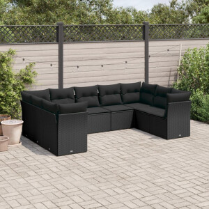 vidaXL 9-delige Loungeset met kussens poly rattan zwart