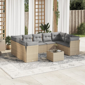 vidaXL 10-delige Loungeset met kussens poly rattan beige