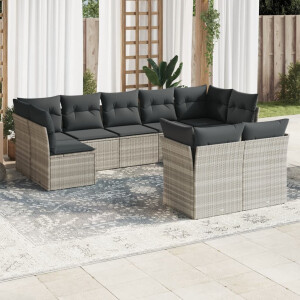 vidaXL 9-delige Loungeset met kussens poly rattan lichtgrijs