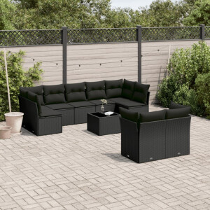 vidaXL 10-delige Loungeset met kussens poly rattan zwart