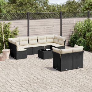 vidaXL 10-delige Loungeset met kussens poly rattan zwart