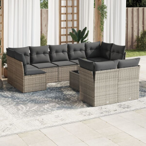 vidaXL 10-delige Loungeset met kussens poly rattan grijs