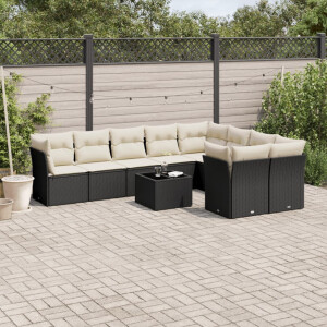 vidaXL 10-delige Loungeset met kussens poly rattan zwart