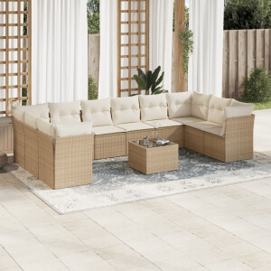 vidaXL 11-delige Tuinset met kussens poly rattan beige