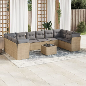 vidaXL 11-delige Tuinset met kussens poly rattan beige