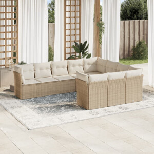 vidaXL 10-delige Loungeset met kussens poly rattan beige