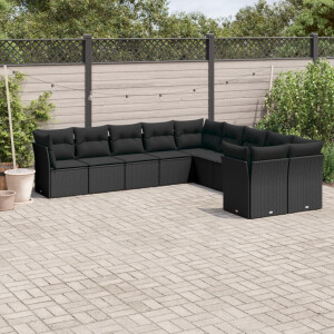 vidaXL 10-delige Loungeset met kussens poly rattan zwart