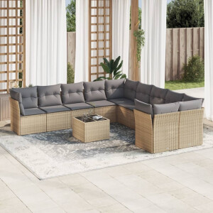 vidaXL 11-delige Tuinset met kussens poly rattan beige