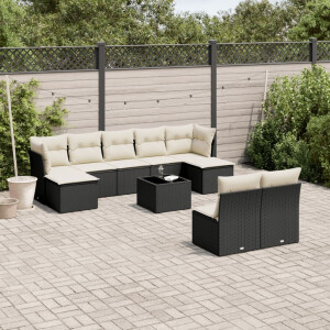 vidaXL 10-delige Loungeset met kussens poly rattan zwart