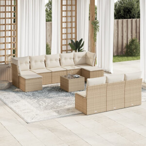 vidaXL 11-delige Tuinset met kussens poly rattan beige