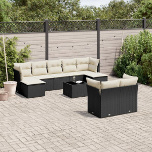 vidaXL 10-delige Loungeset met kussens poly rattan zwart