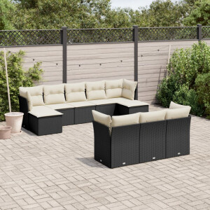 vidaXL 10-delige Loungeset met kussens poly rattan zwart
