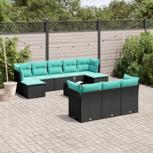 vidaXL 11-delige tuinbankset met kussens, zwart polyrotan