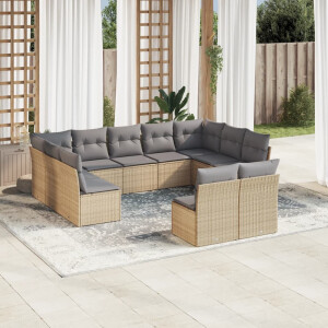vidaXL 11-delige Tuinset met kussens poly rattan beige