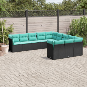 vidaXL 11-delige tuinbankset met kussens, zwart polyrotan