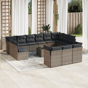 vidaXL 14-delige Loungeset met kussens poly rattan grijs