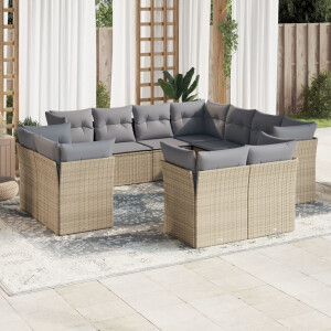 vidaXL 11-delige Tuinset met kussens poly rattan beige