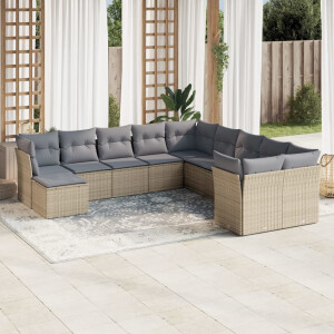 vidaXL 11-delige Tuinset met kussens poly rattan beige