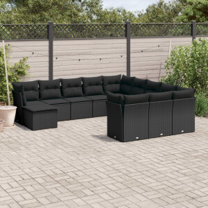 vidaXL 12-delige Loungeset met kussens poly rattan zwart