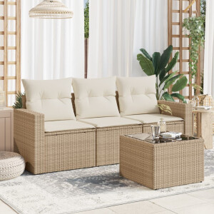 vidaXL 4-delige Loungeset met kussens poly rattan beige