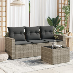 vidaXL 4-delige Loungeset met kussens poly rattan lichtgrijs