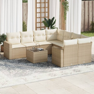 vidaXL 9-delige Loungeset met kussens poly rattan beige