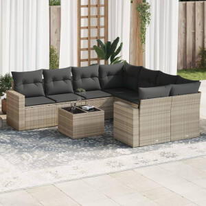 vidaXL 9-delige Loungeset met kussens poly rattan lichtgrijs