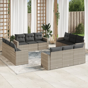 vidaXL 12-delige Loungeset met kussens poly rattan lichtgrijs