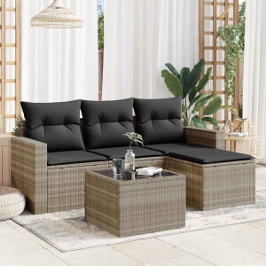 vidaXL 5-delige Loungeset met kussens poly rattan lichtgrijs