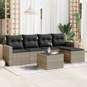 vidaXL 6-delige Loungeset met kussens poly rattan lichtgrijs