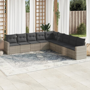 vidaXL 9-delige Loungeset met kussens poly rattan lichtgrijs