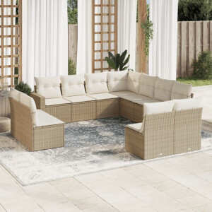 vidaXL 11-delige Tuinset met kussens poly rattan beige