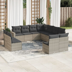 vidaXL 11-delige Loungeset met kussens poly rattan lichtgrijs