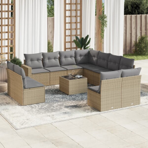 vidaXL 12-delige Loungeset met kussens poly rattan beige