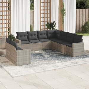 vidaXL 9-delige Loungeset met kussens poly rattan lichtgrijs