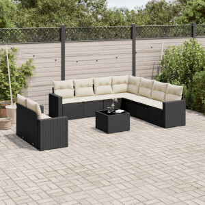 vidaXL 10-delige Loungeset met kussens poly rattan zwart