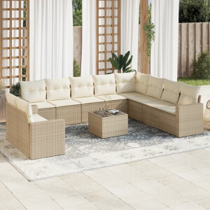 vidaXL 11-delige Tuinset met kussens poly rattan beige