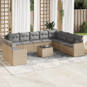 vidaXL 11-delige Tuinset met kussens poly rattan beige