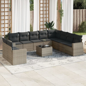 vidaXL 11-delige Loungeset met kussens poly rattan grijs