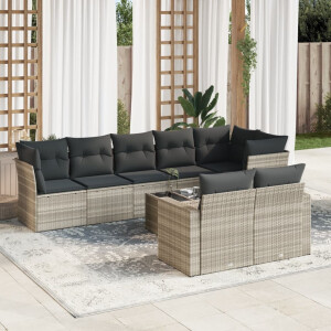 vidaXL 9-delige Loungeset met kussens poly rattan lichtgrijs