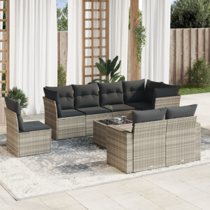 vidaXL 9-delige Loungeset met kussens poly rattan lichtgrijs