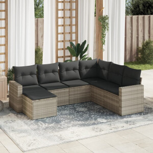vidaXL 7-delige Loungeset met kussens poly rattan lichtgrijs