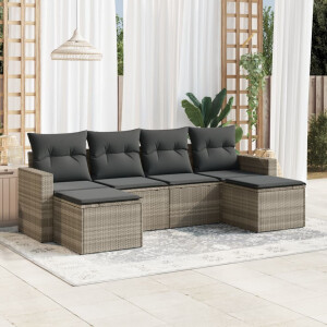 vidaXL 6-delige Loungeset met kussens poly rattan lichtgrijs