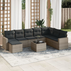 vidaXL 9-delige Loungeset met kussens poly rattan grijs