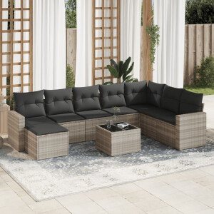 vidaXL 9-delige Loungeset met kussens poly rattan lichtgrijs
