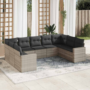 vidaXL 9-delige Loungeset met kussens poly rattan lichtgrijs