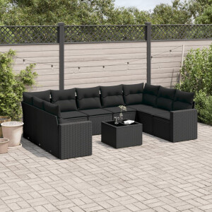 vidaXL 10-delige Loungeset met kussens poly rattan zwart